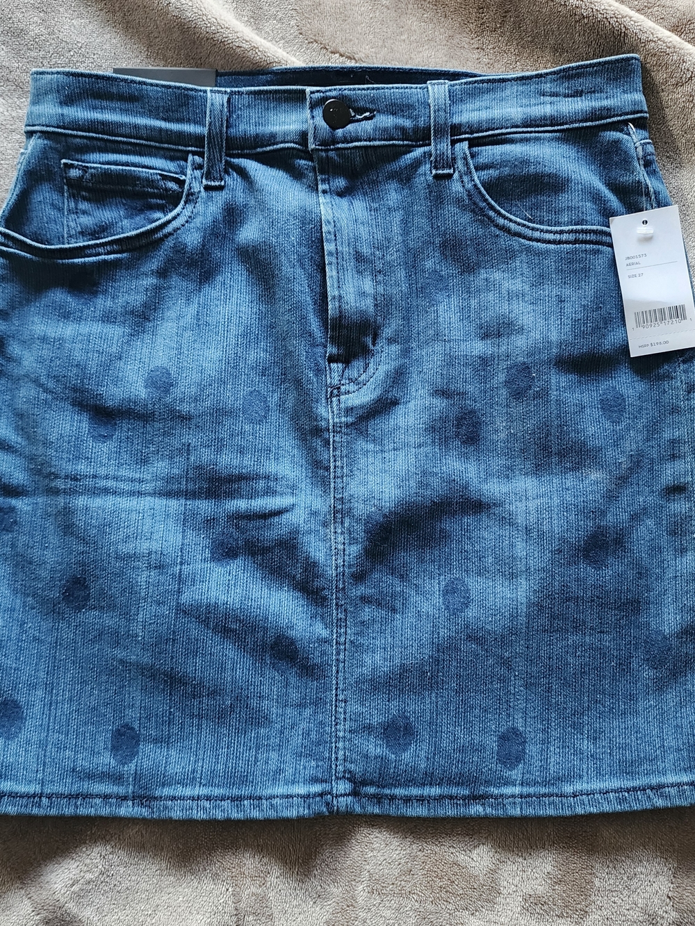 J Brand Blue Denim Mini Skirt with Subtle Polka Dot Wash